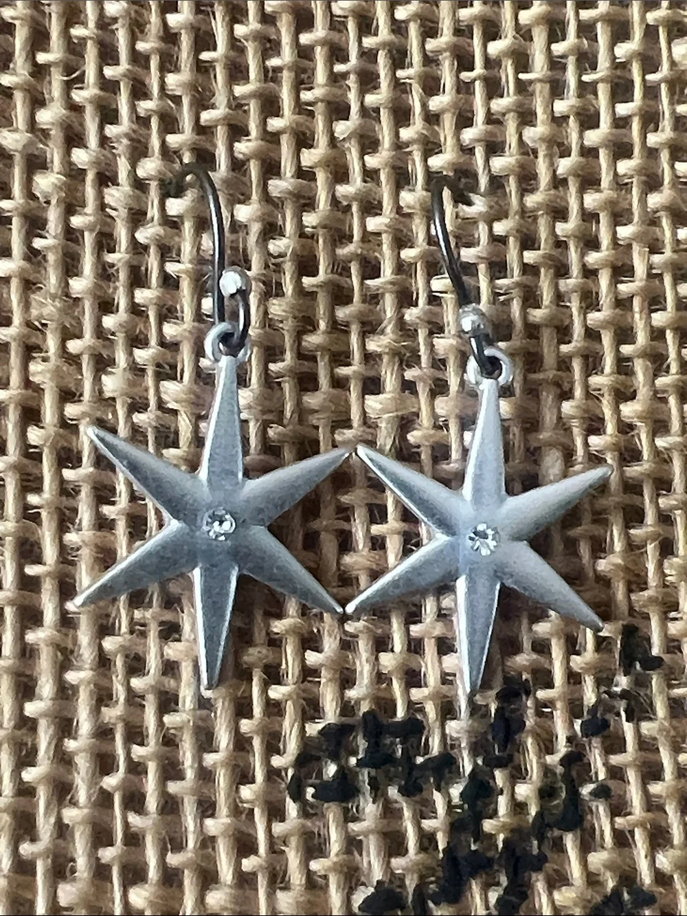 Brushed Silver Starburst Drop Earrings w/Rhinestone Center